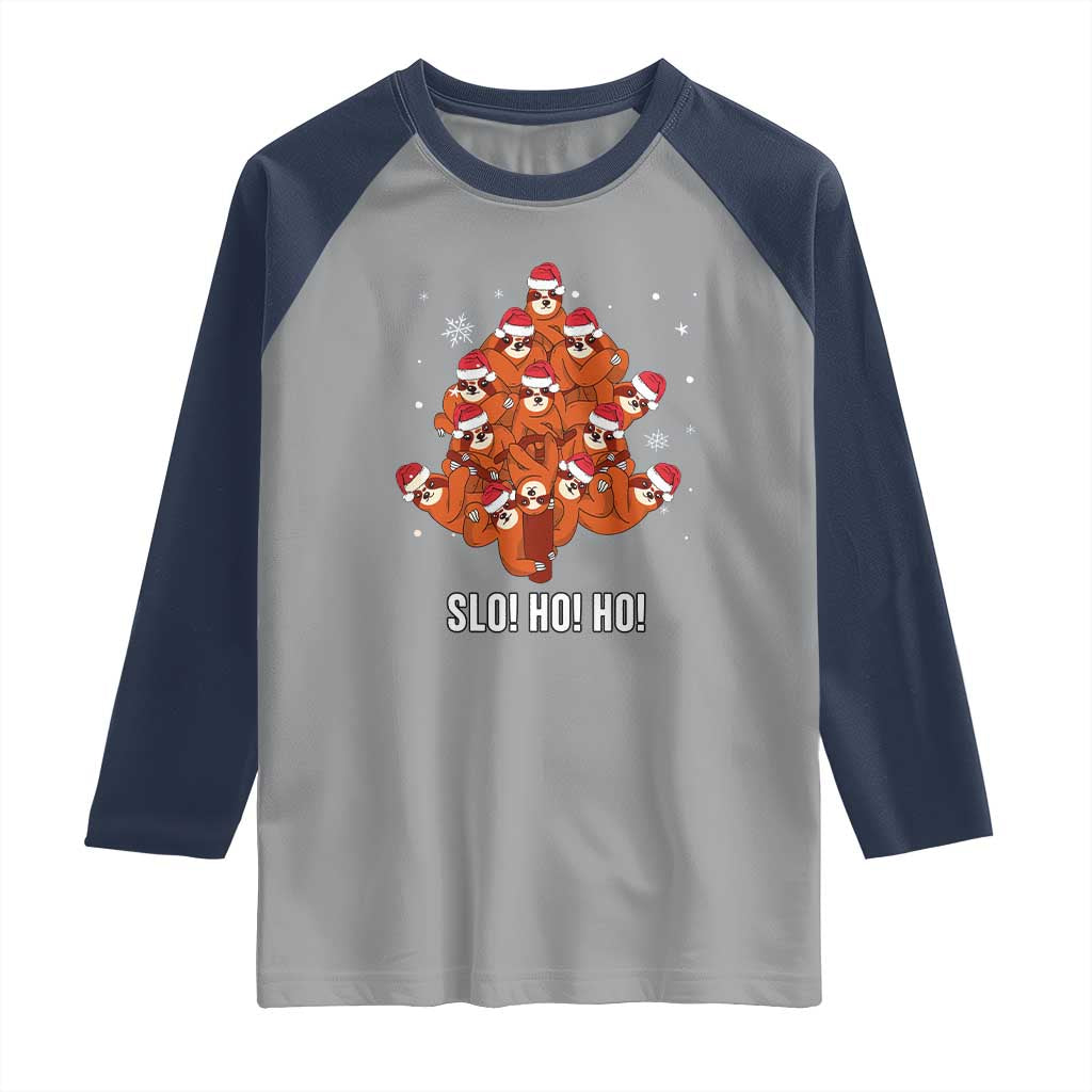 Funny Sloth Christmas Tree Raglan Shirt Slo Ho Ho Ho Santa Hat