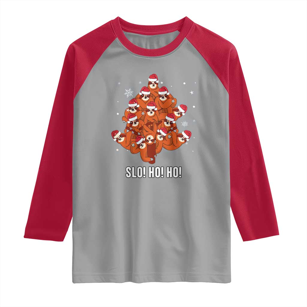 Funny Sloth Christmas Tree Raglan Shirt Slo Ho Ho Ho Santa Hat