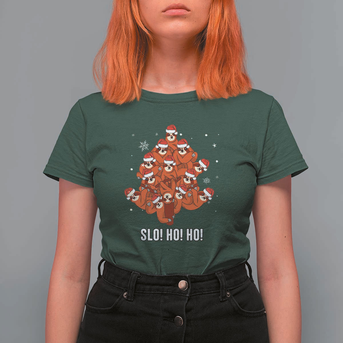 Funny Sloth Christmas Tree T Shirt For Women Slo Ho Ho Ho Santa Hat - Wonder Print Shop