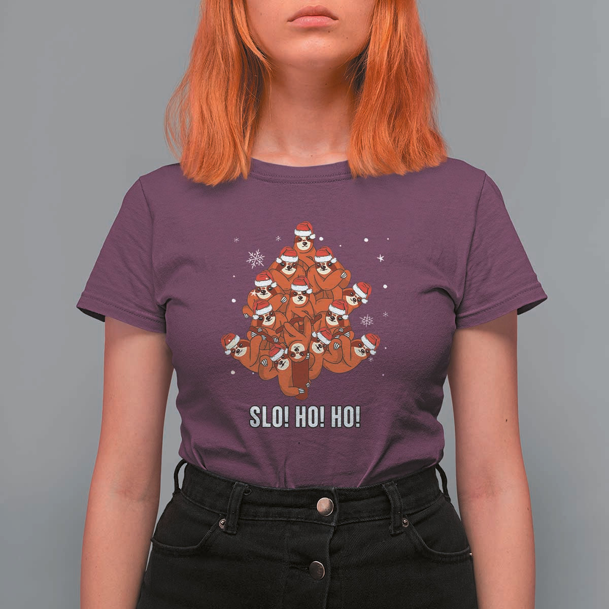 Funny Sloth Christmas Tree T Shirt For Women Slo Ho Ho Ho Santa Hat - Wonder Print Shop