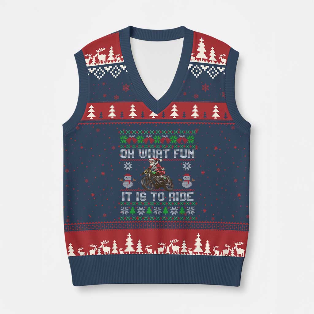 Biker Santa Claus V-Neck Knit Sweater Vest Oh What Fun It Is To Ride Motorcycle Xmas Ugly Sweater - Wonder Print Shop