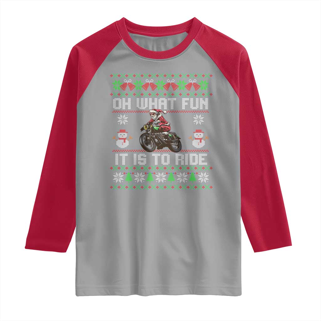 Biker Santa Claus Raglan Shirt Oh What Fun It Is To Ride Motorcycle Christmas Ugly Sweater