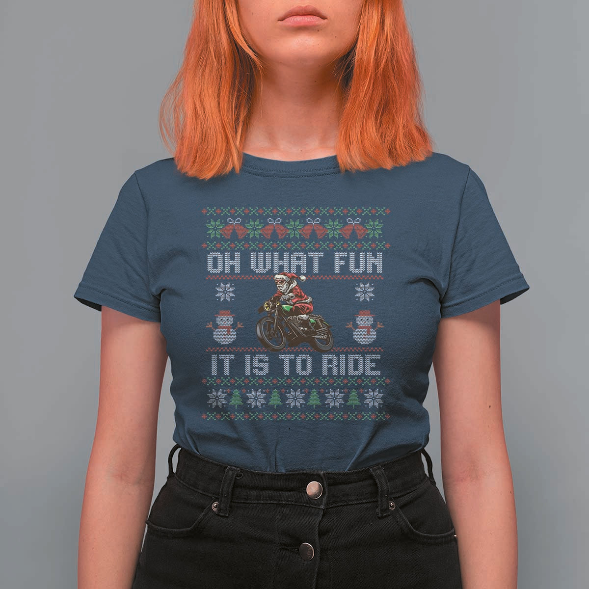 Biker Santa Claus T Shirt For Women Oh What Fun It Is To Ride Motorcycle Christmas Ugly Sweater - Wonder Print Shop