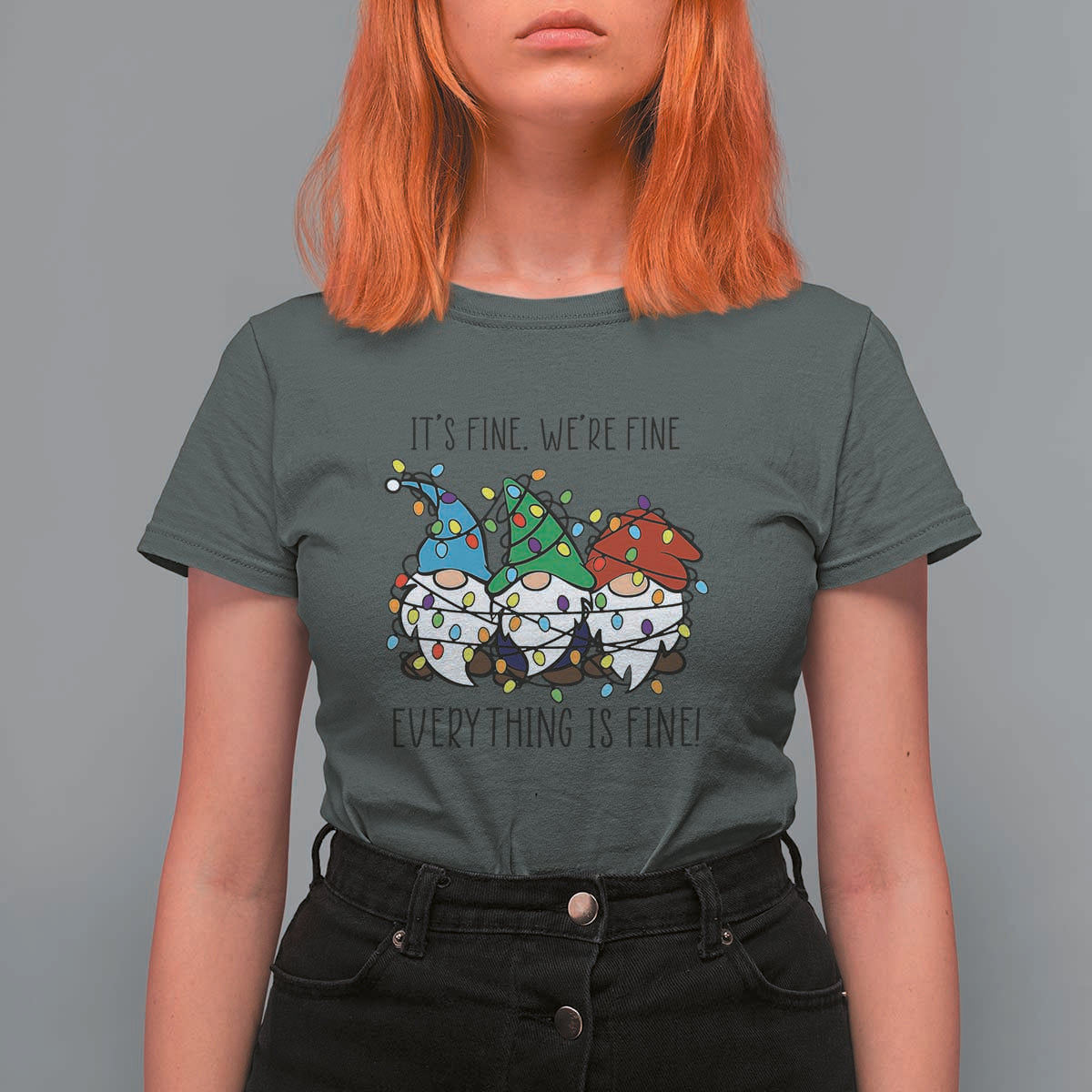 Christmas Gnomies T Shirt For Women It's Fine I'm Fine Everything Is Fine - Wonder Print Shop