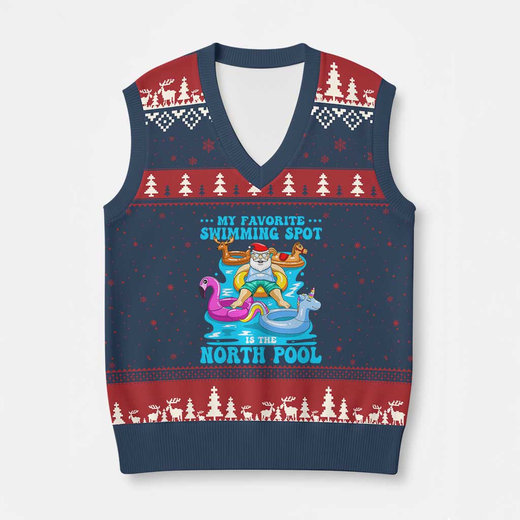 Xmas In July Relaxing Santa V-Neck Knit Sweater Vest My Favorite Swimming Spot Is The North Pole - Wonder Print Shop