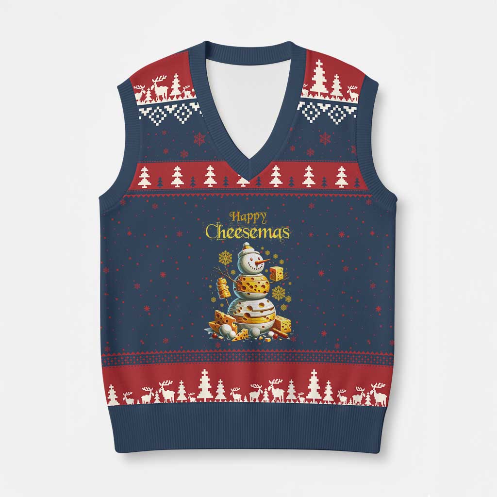 Xmas Cheese Lover V-Neck Knit Sweater Vest Happy Cheesemas Merry Xmas - Wonder Print Shop