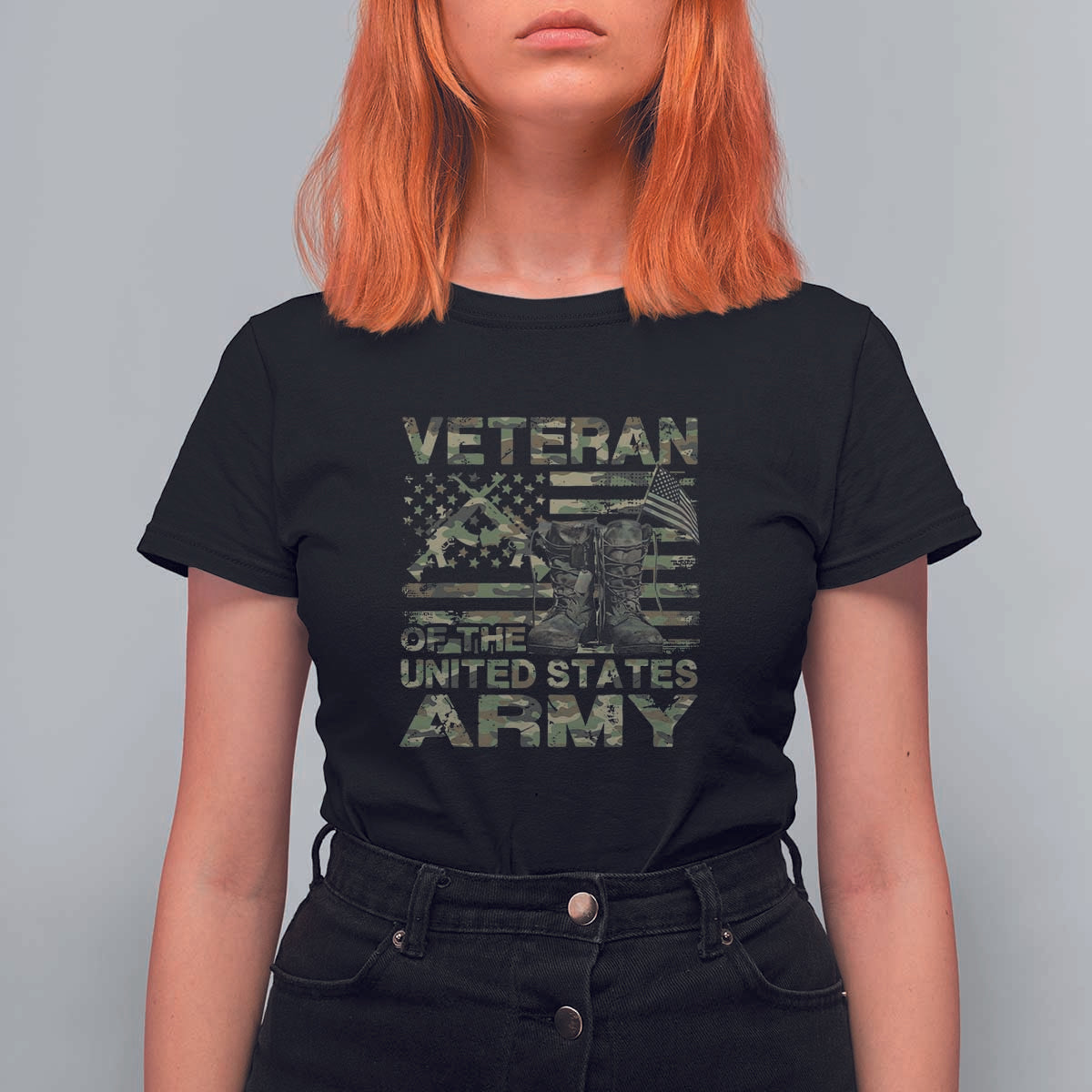 American Veteran T Shirt For Women Of The US Army Camouflage Flag - Wonder Print Shop