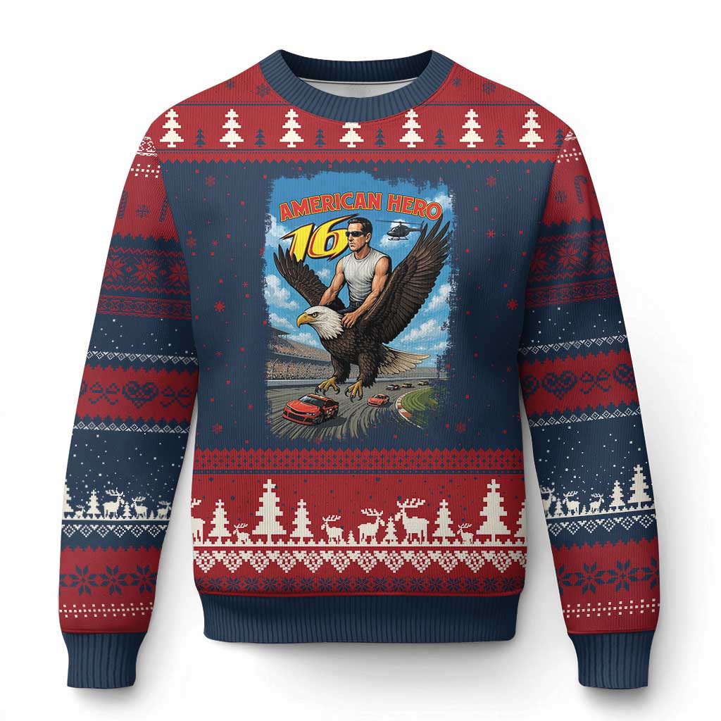 Patriotic Americanana Speed Legend 16 Tribute Ugly Christmas Sweater American Hero Bald Eagle Speedway Memorial - Wonder Print Shop