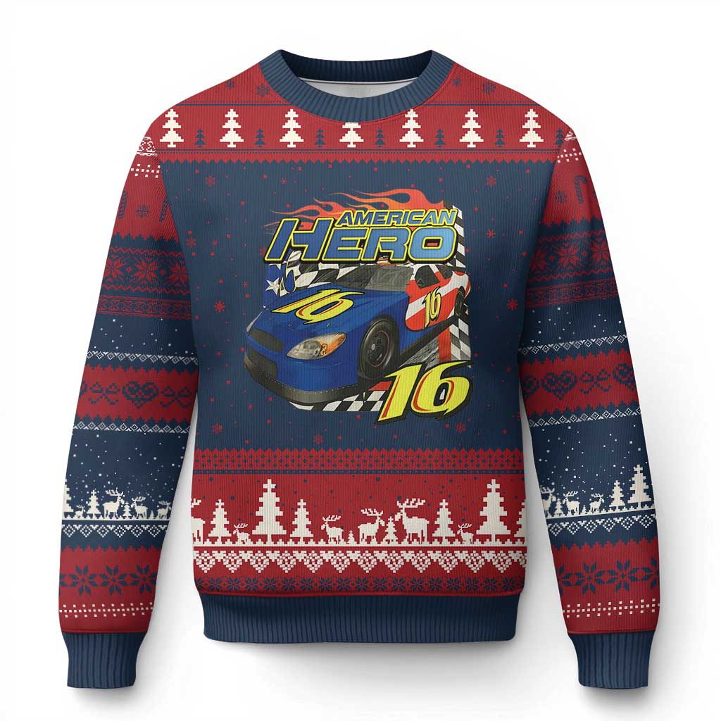 Vintage Americana Speed Legend 16 Tribute Ugly Christmas Sweater American Hero #16 Stock Car Memorial - Wonder Print Shop