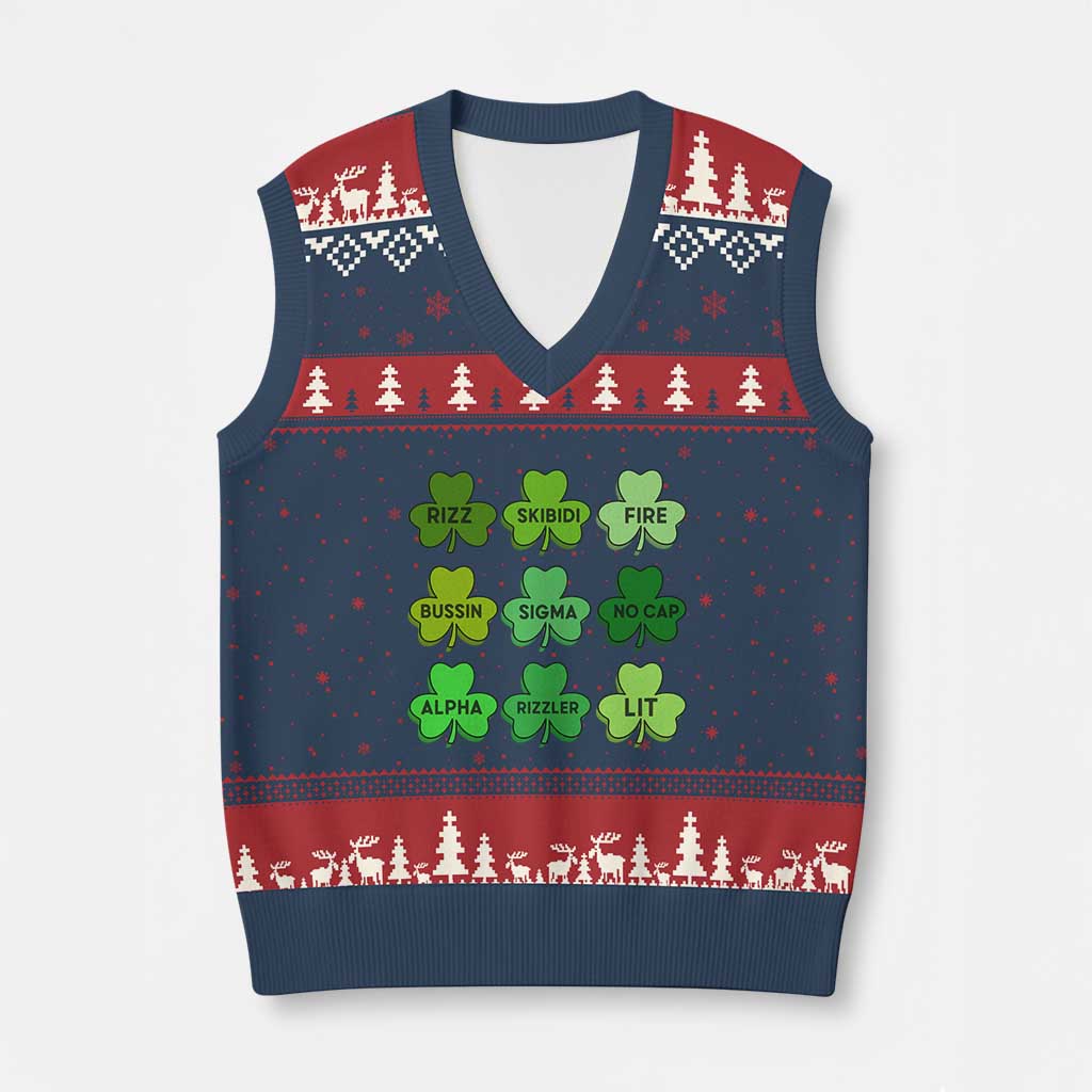 Funny St Patricks Day Skibi Rizz V-Neck Knit Sweater Vest No Cap - Wonder Print Shop