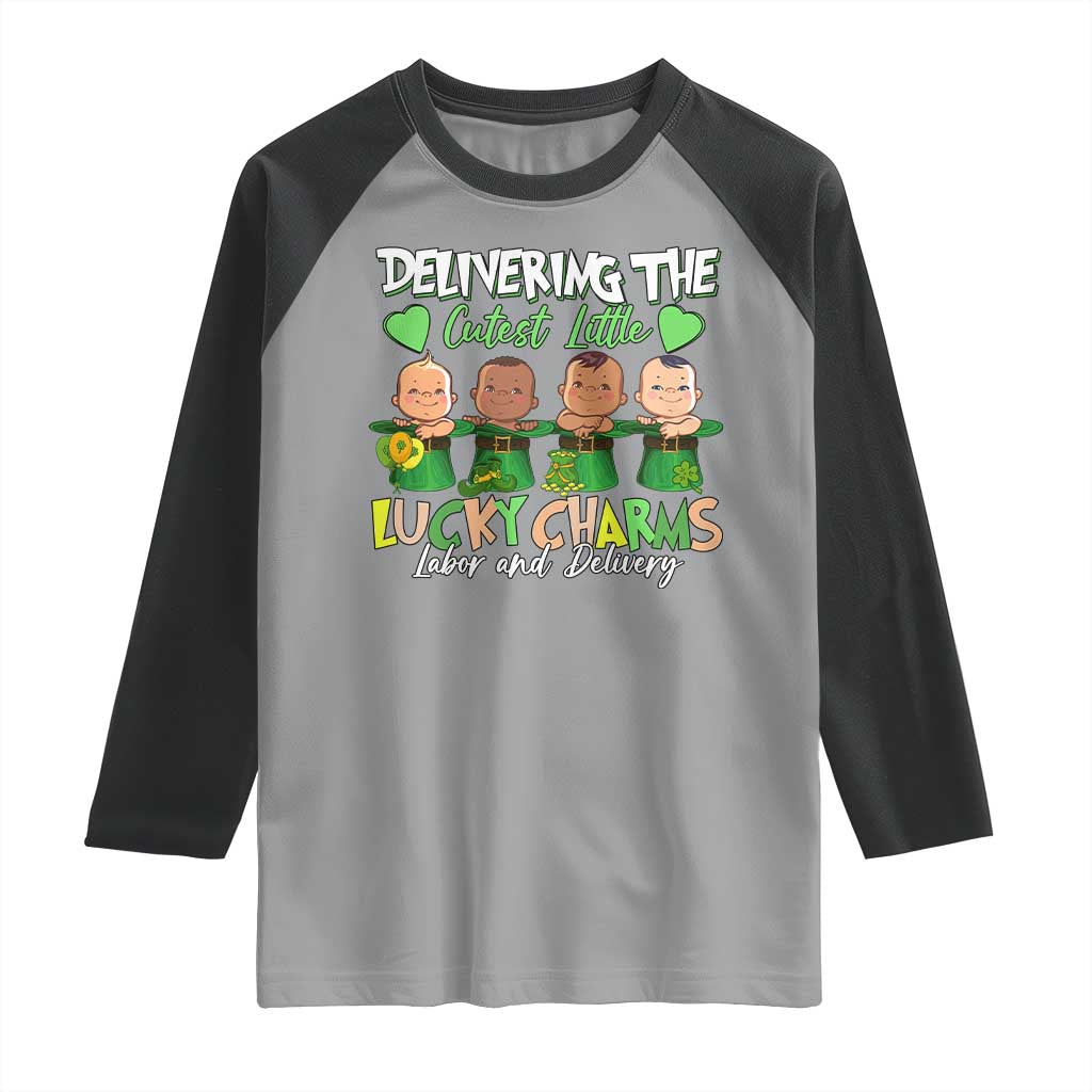 Labor and Delivery Nurse St Patrick's Day Raglan Shirt Delivering The Cutest Little Lucky Charms