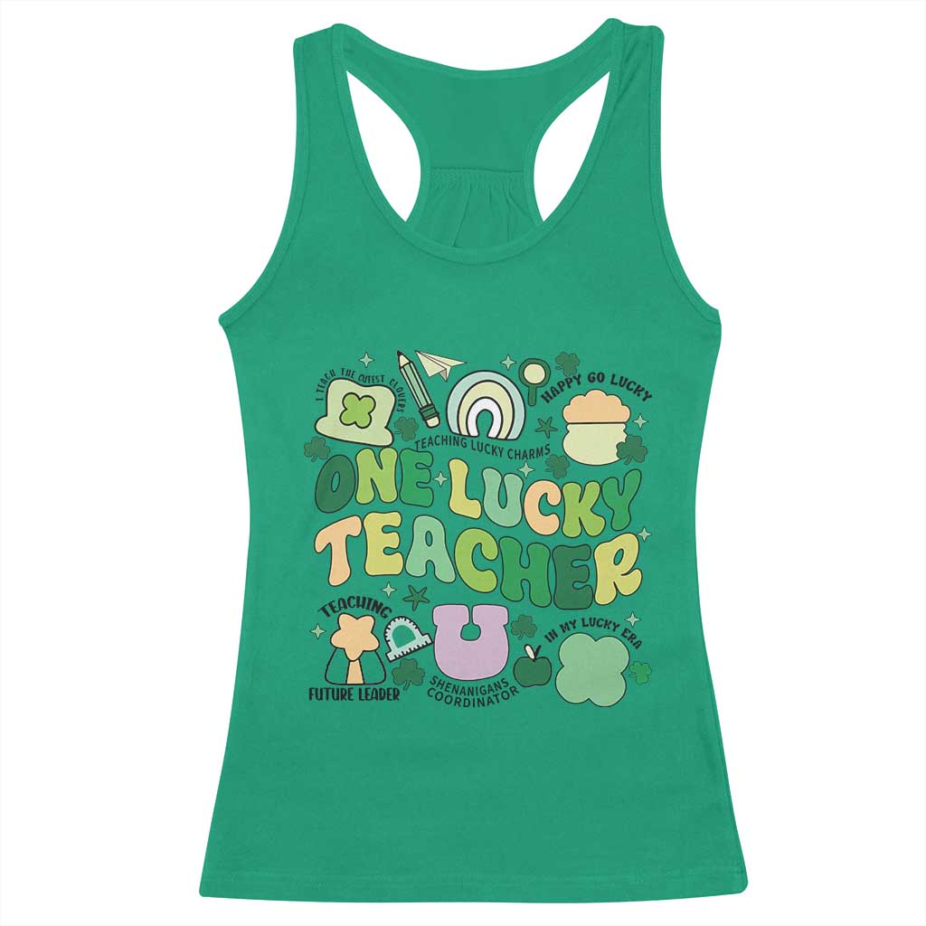 Teachers St Patrick's Day Racerback Tank Top One Lucky Teacher Retro Groovy