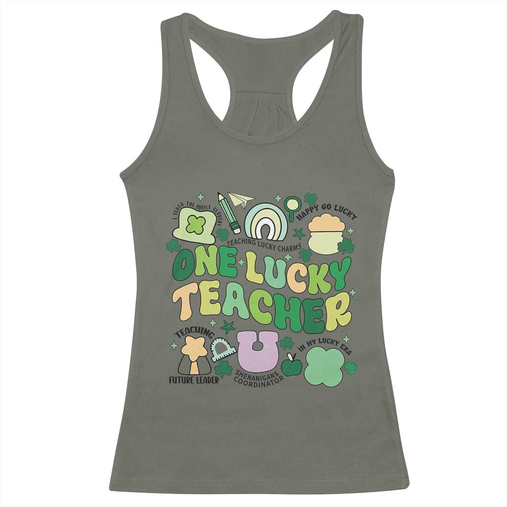 Teachers St Patrick's Day Racerback Tank Top One Lucky Teacher Retro Groovy