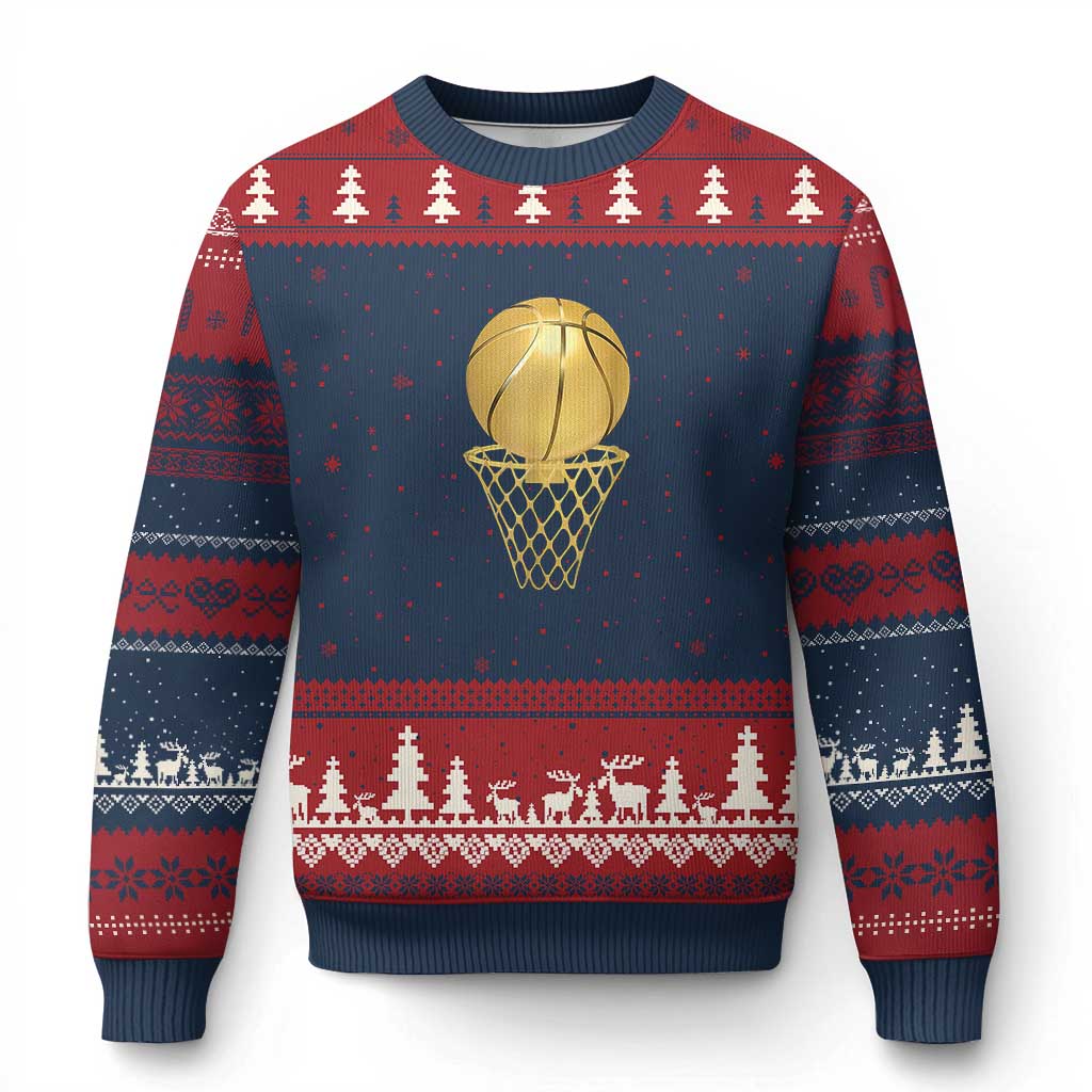 Golden Basketball Hoop Ugly Christmas Sweater Trophy Game Player Coach Sports Lover - Wonder Print Shop