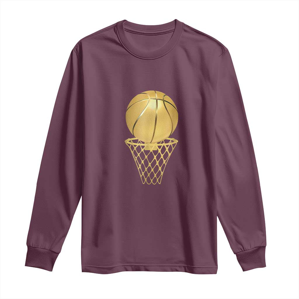 Golden Basketball Hoop Long Sleeve Shirt Trophy Game Player Coach Sports Lover