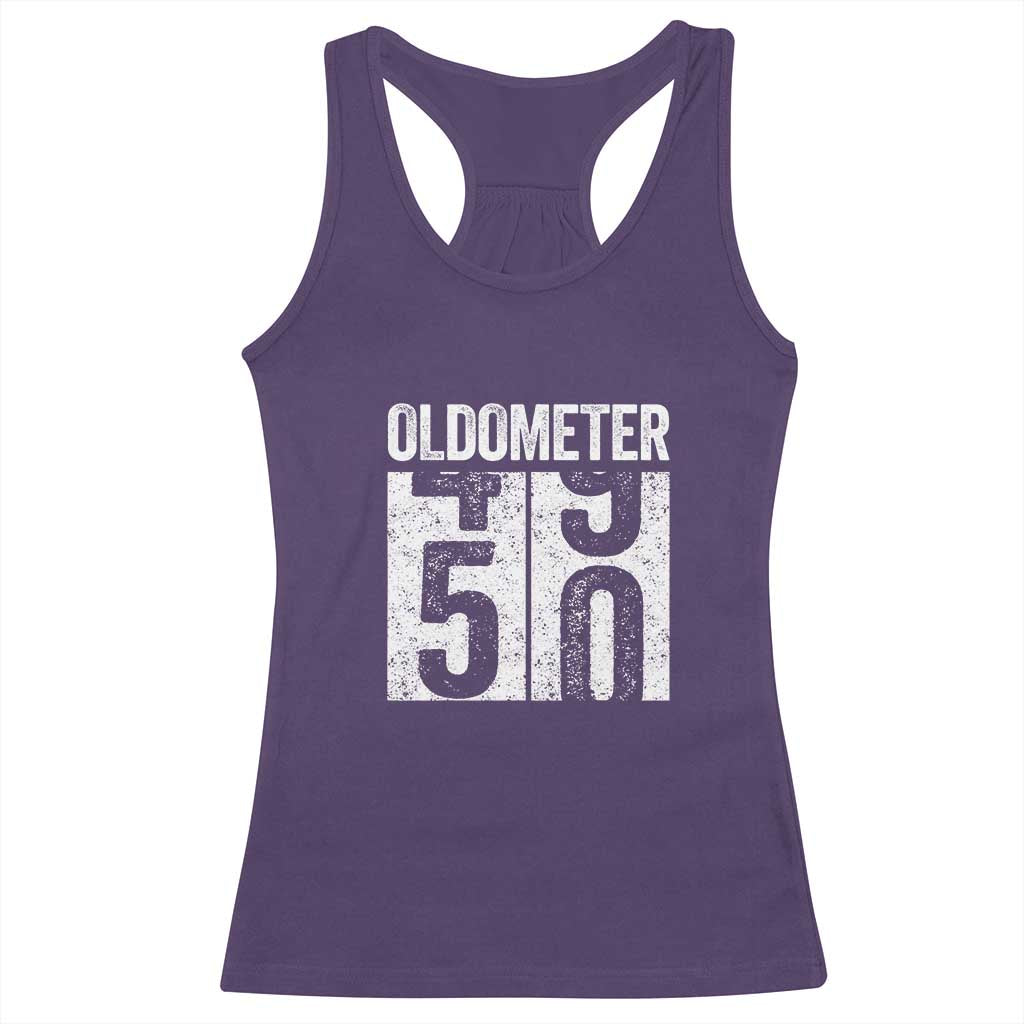 Oldometer 50 Birthday Racerback Tank Top Funny Vintage Aged to Perfection