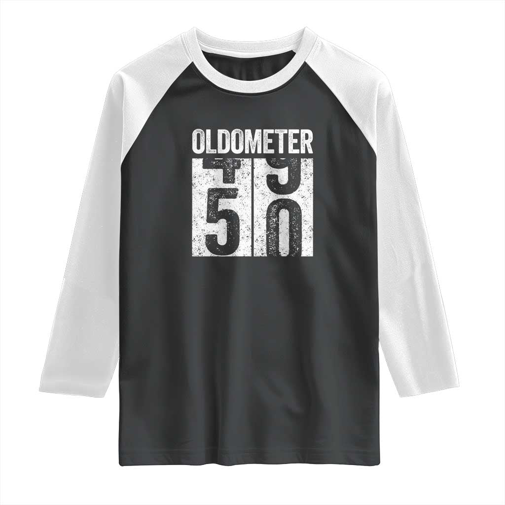 Oldometer 50 Birthday Raglan Shirt Funny Vintage Aged to Perfection
