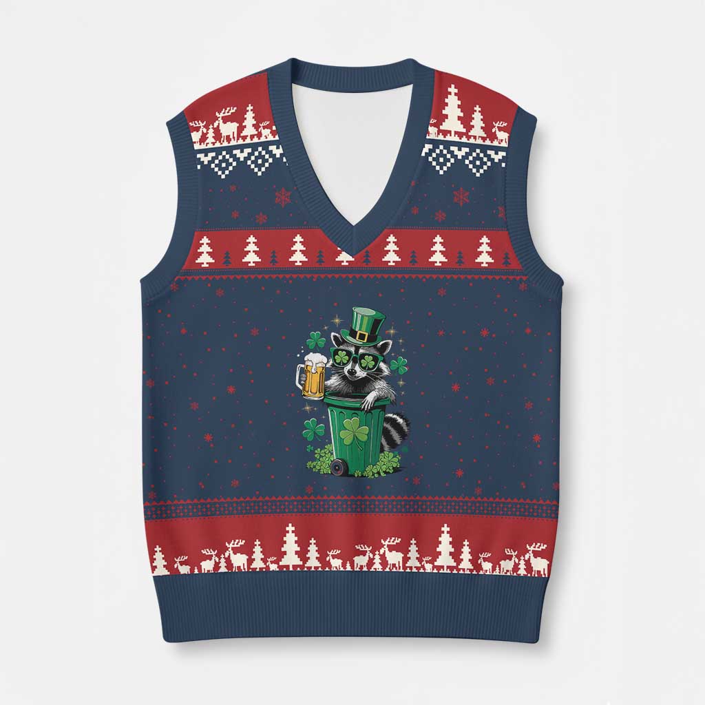 Funny St.Patrick's Day Raccoon V-Neck Knit Sweater Vest Patrick Drinking Irish - Wonder Print Shop