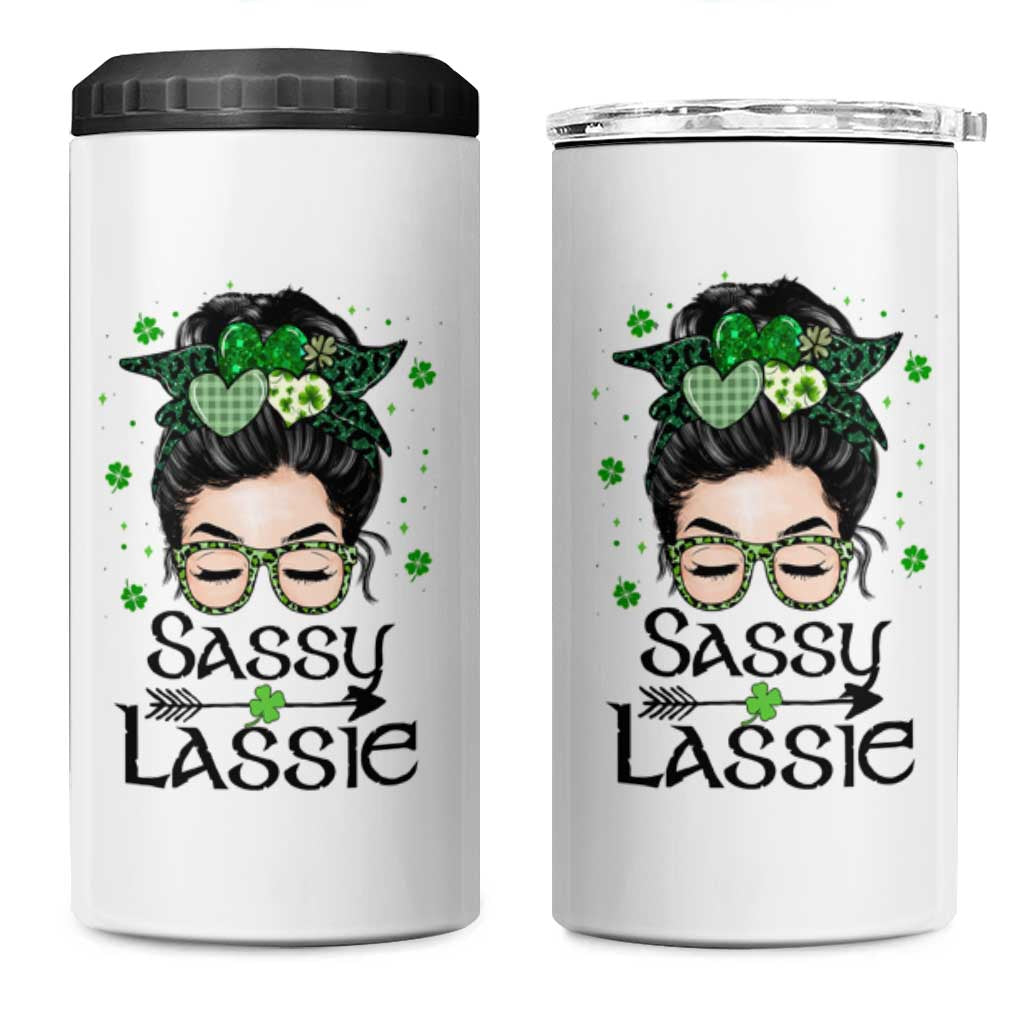 Lucky Sassy Lassie Messy Bun 4 in 1 Can Cooler Tumbler Funny St Patricks Day