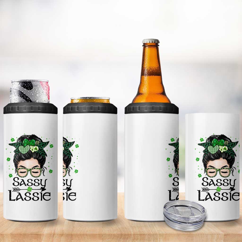 Lucky Sassy Lassie Messy Bun 4 in 1 Can Cooler Tumbler Funny St Patricks Day