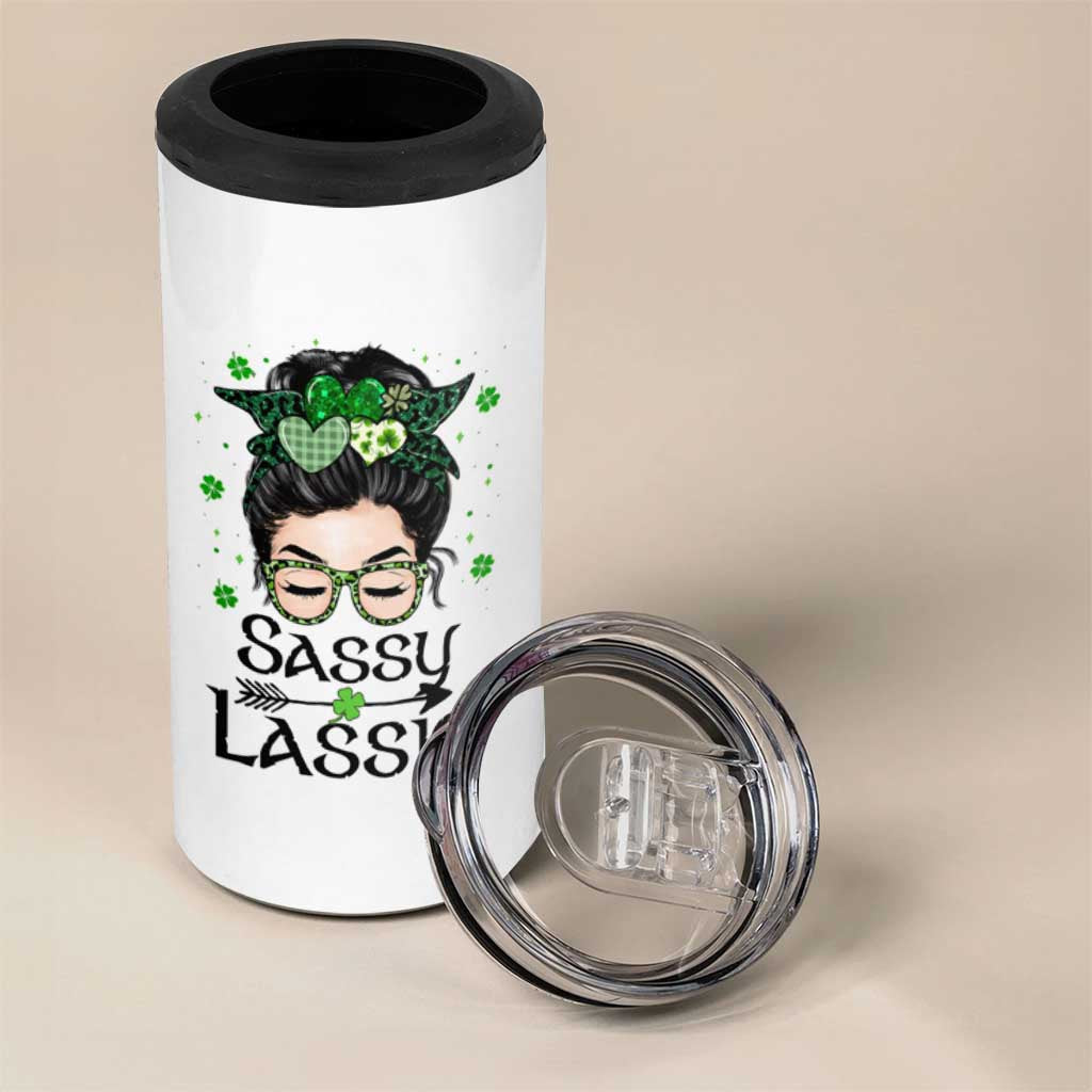 Lucky Sassy Lassie Messy Bun 4 in 1 Can Cooler Tumbler Funny St Patricks Day