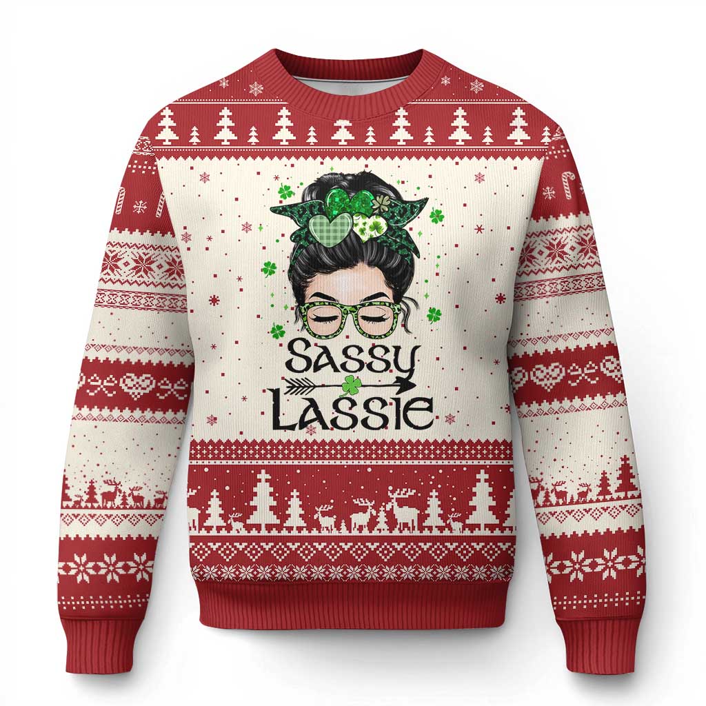 Lucky Sassy Lassie Messy Bun Ugly Christmas Sweater Funny St Patricks Day - Wonder Print Shop