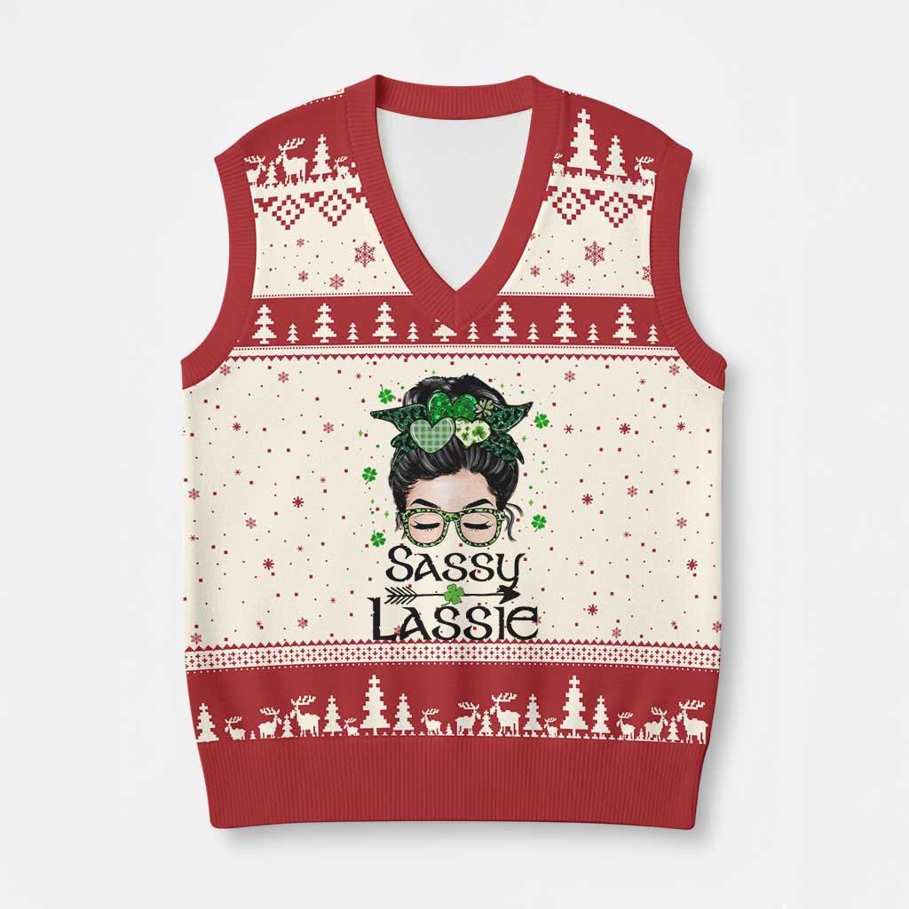 Lucky Sassy Lassie Messy Bun V-Neck Knit Sweater Vest Funny St Patricks Day - Wonder Print Shop