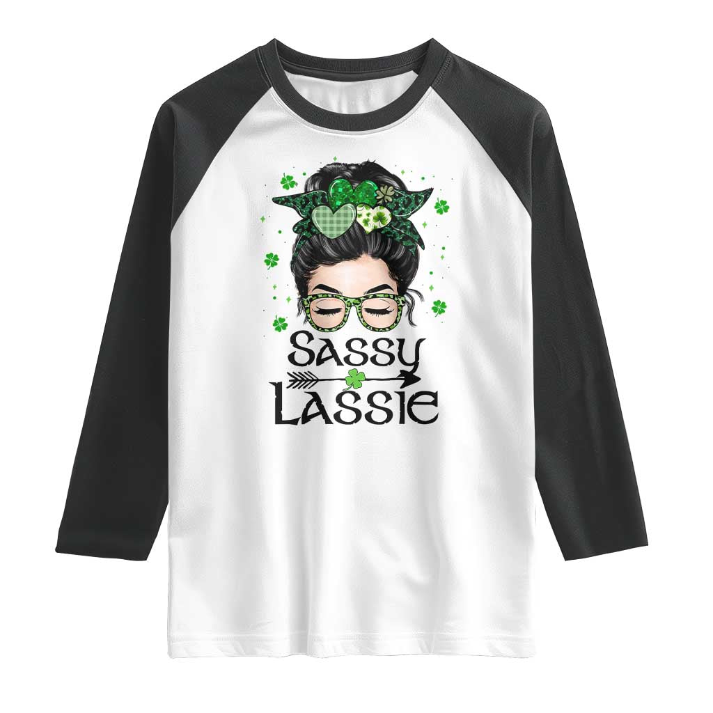 Lucky Sassy Lassie Messy Bun Raglan Shirt Funny St Patricks Day