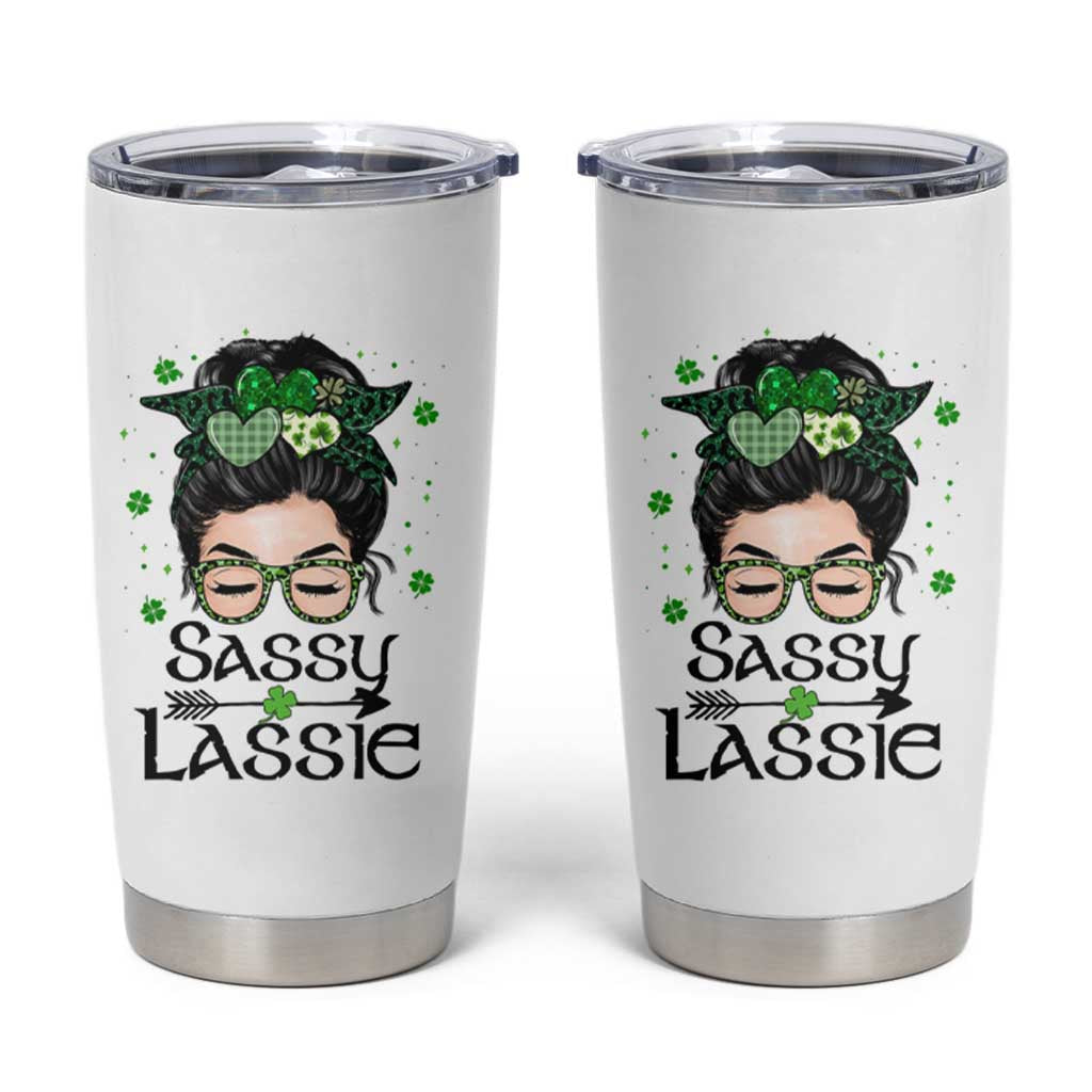 Lucky Sassy Lassie Messy Bun Tumbler Cup Funny St Patricks Day