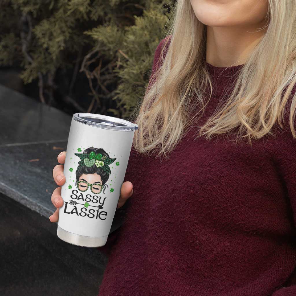 Lucky Sassy Lassie Messy Bun Tumbler Cup Funny St Patricks Day