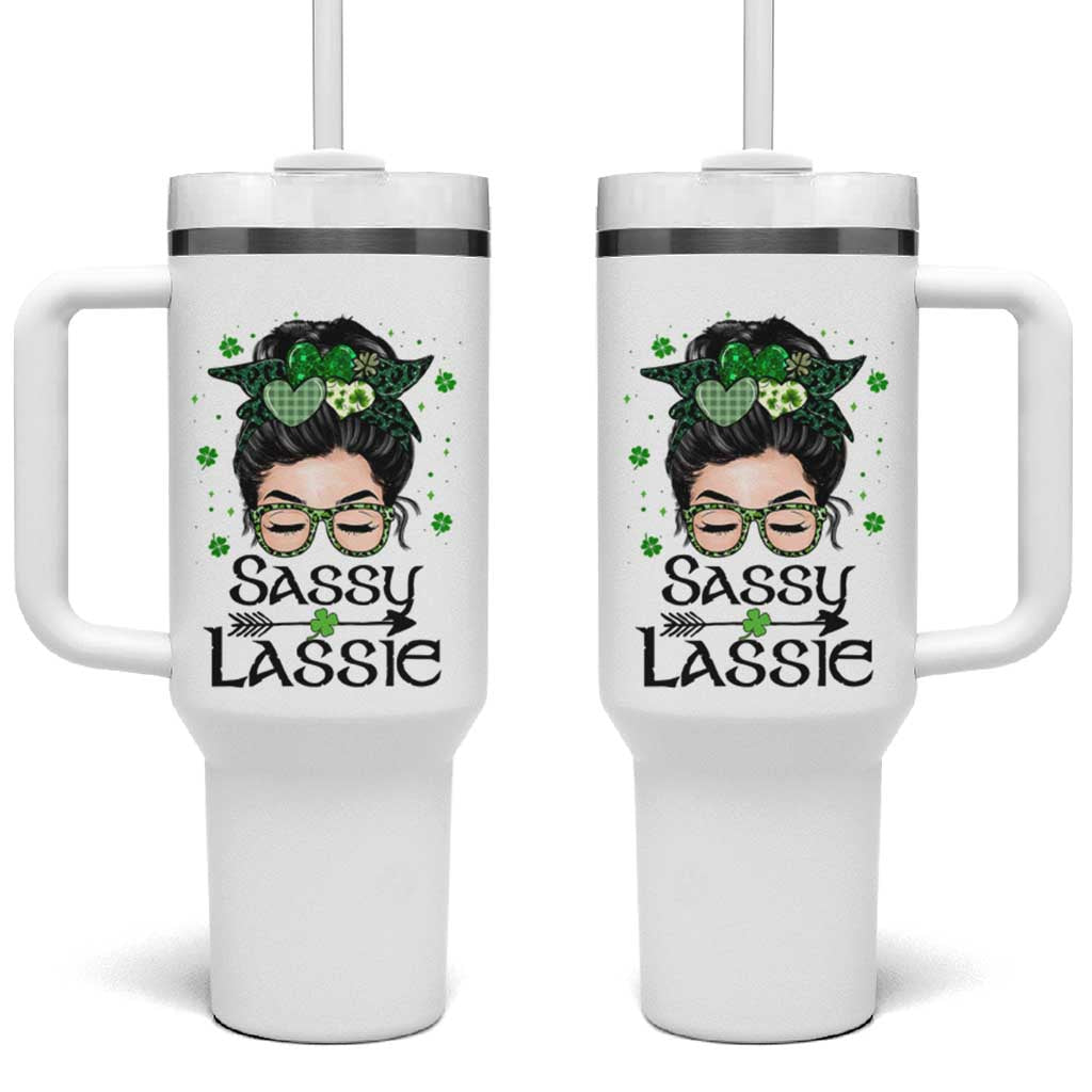 Lucky Sassy Lassie Messy Bun Tumbler With Handle Funny St Patricks Day