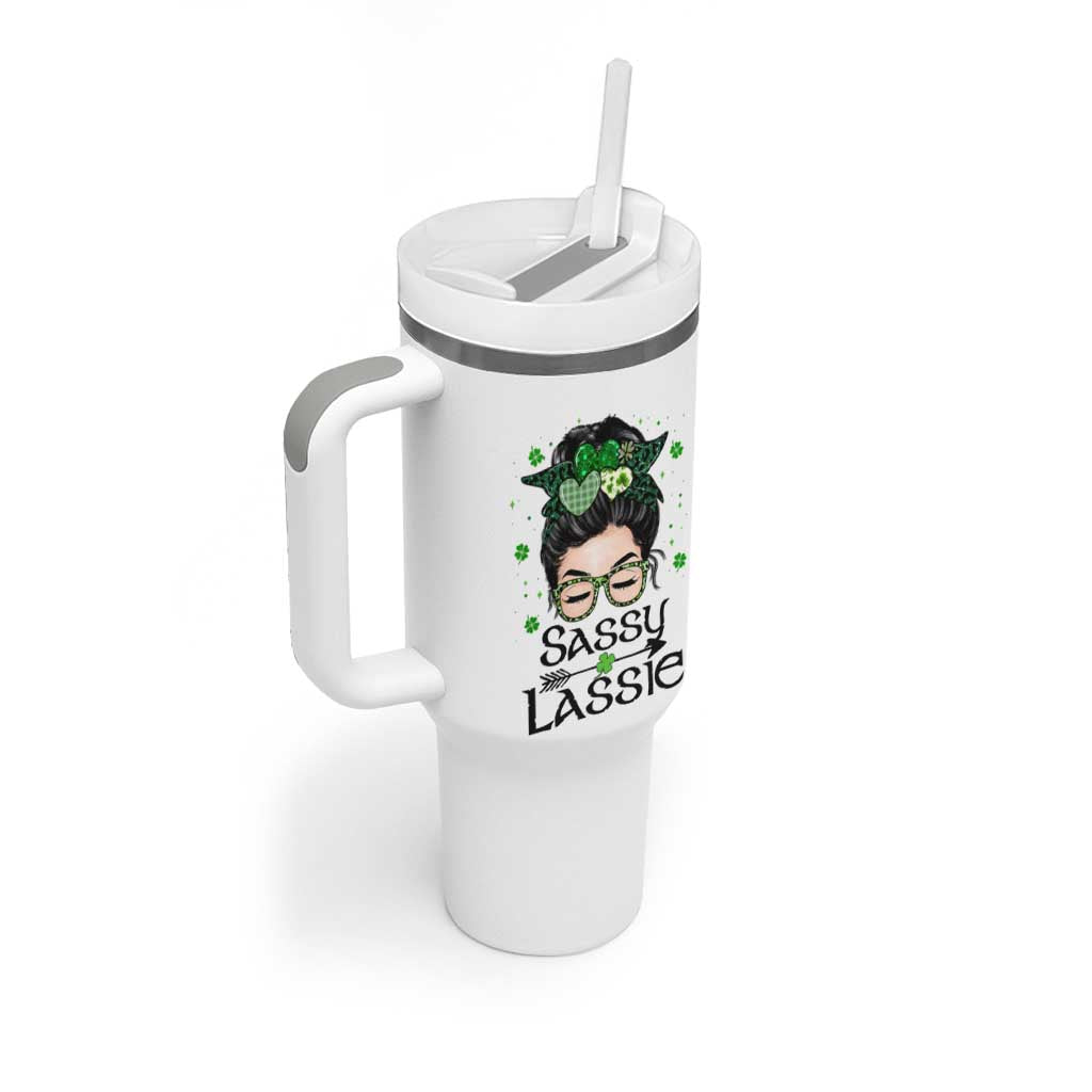 Lucky Sassy Lassie Messy Bun Tumbler With Handle Funny St Patricks Day