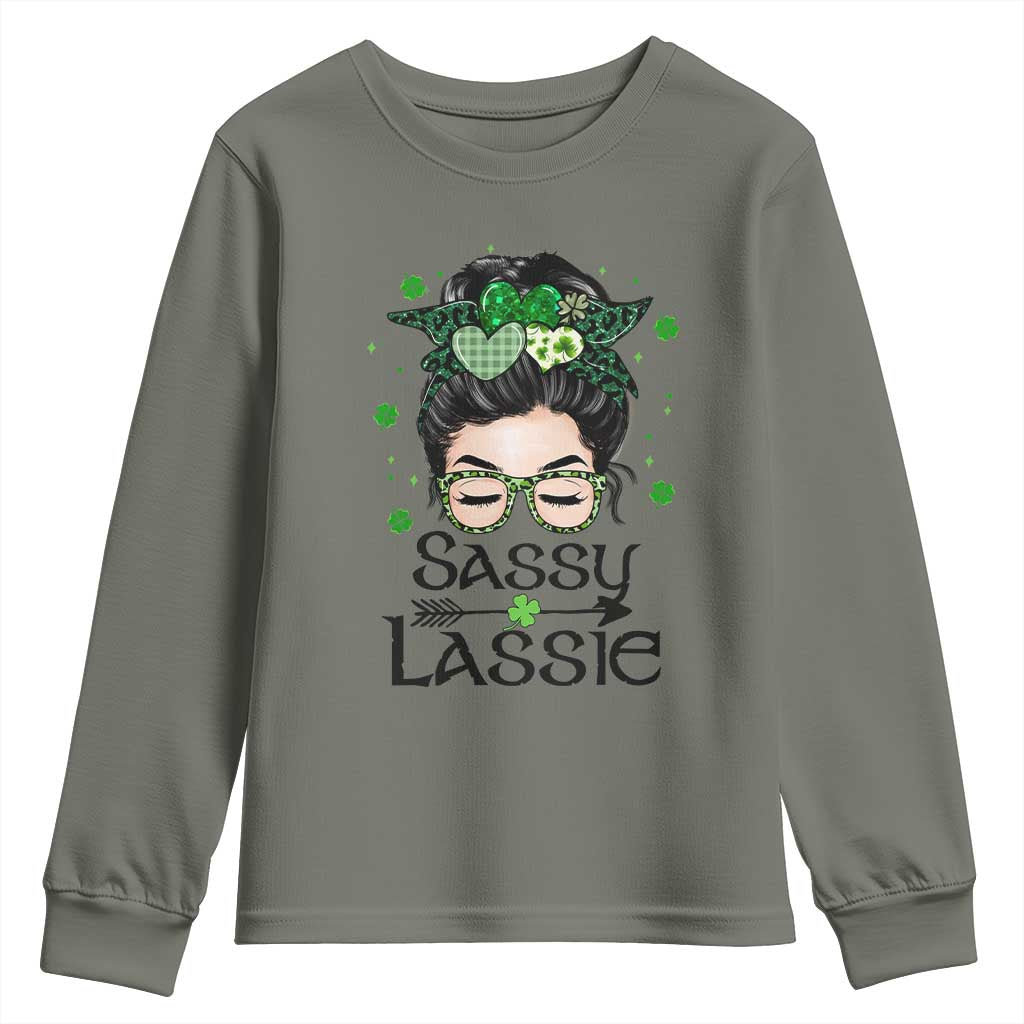 Lucky Sassy Lassie Messy Bun Youth Sweatshirt Funny St Patricks Day