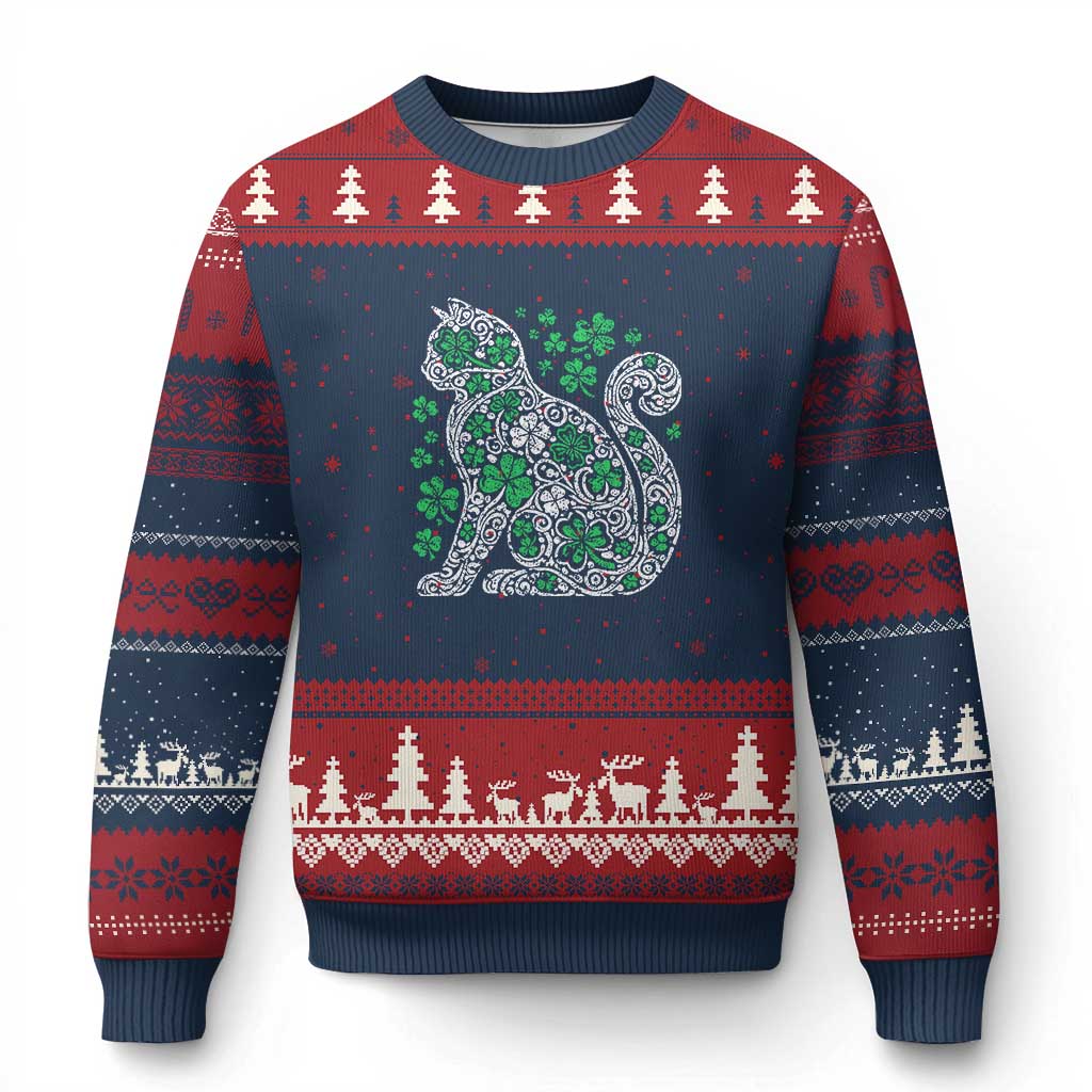 Irish Shamrock Cat Graphic Ugly Christmas Sweater Saint Patrick Day for Cat Lovers - Wonder Print Shop