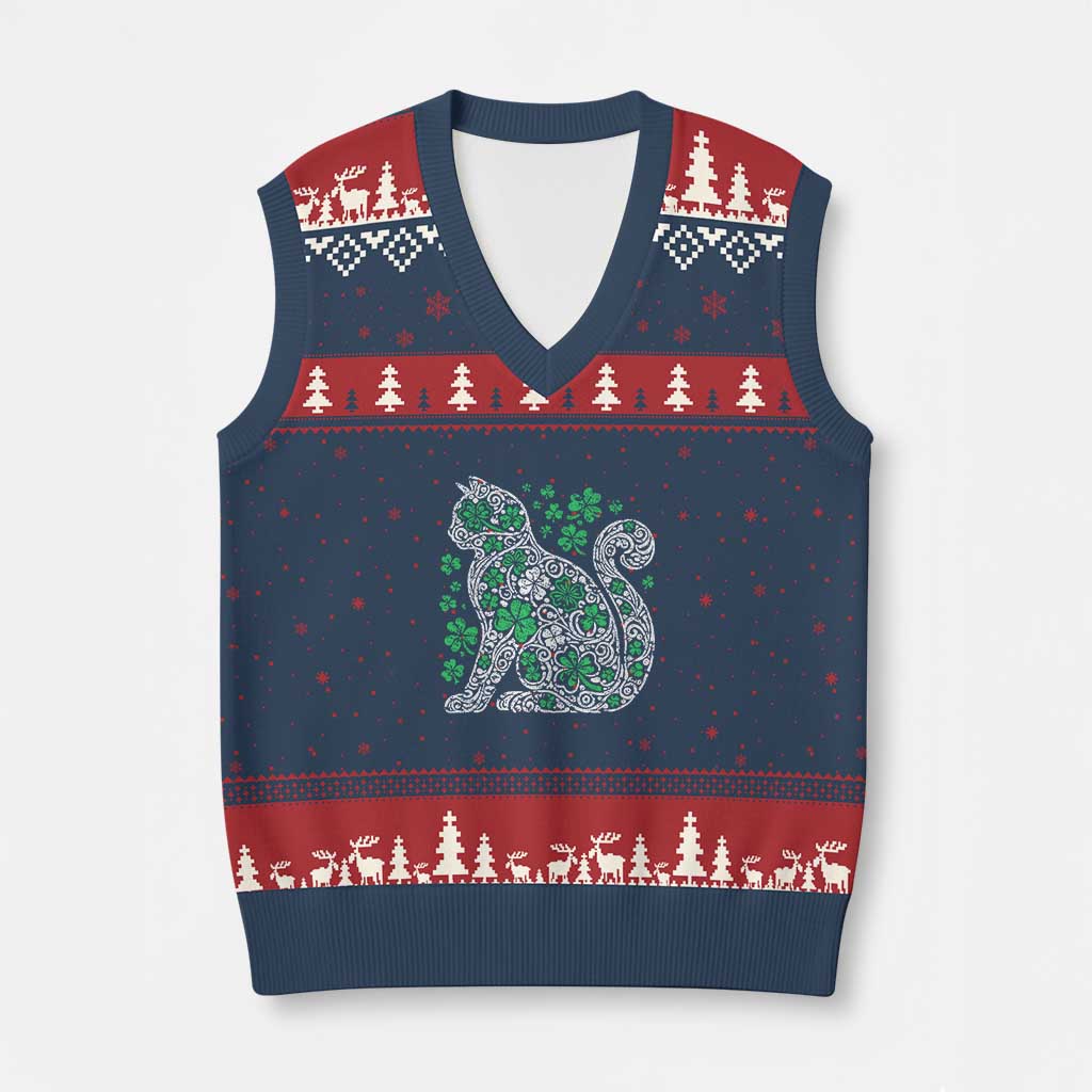 Irish Shamrock Cat Graphic V-Neck Knit Sweater Vest Saint Patrick Day for Cat Lovers - Wonder Print Shop