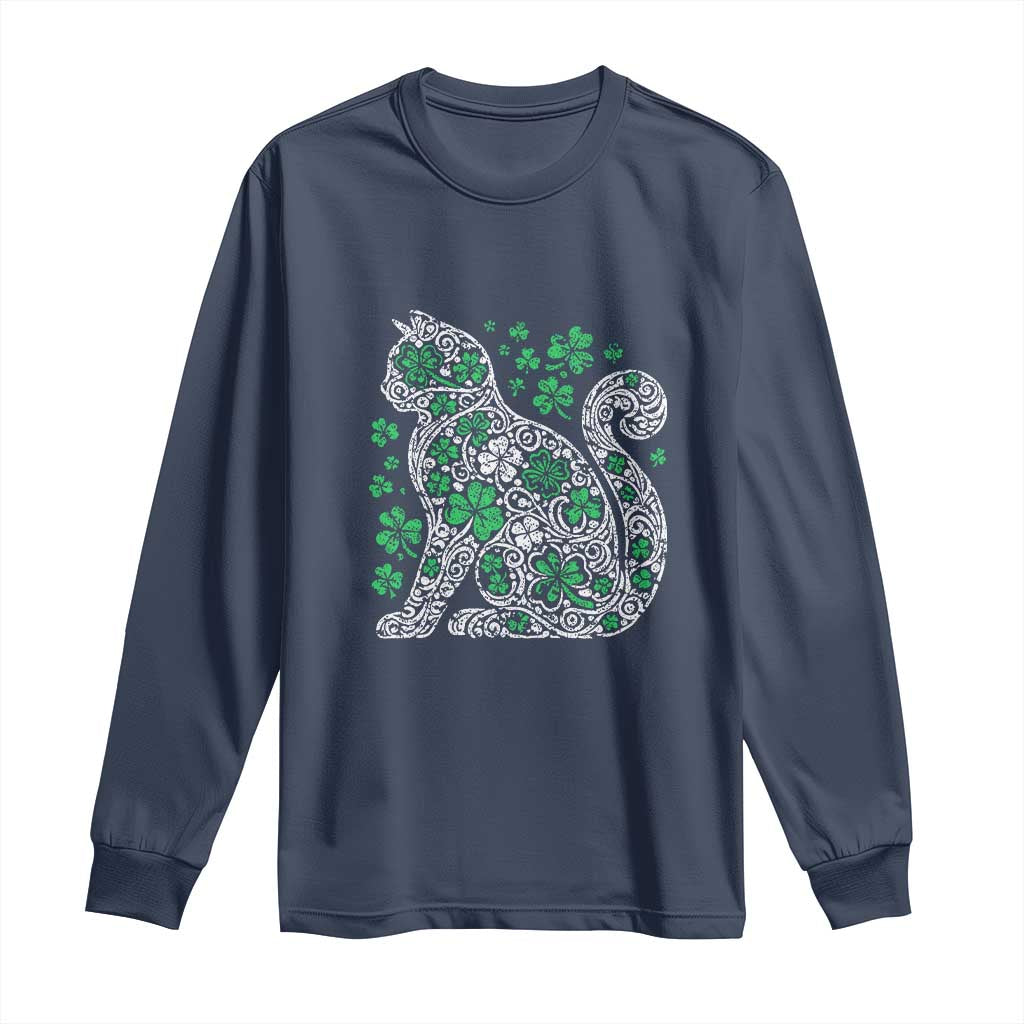 Irish Shamrock Cat Graphic Long Sleeve Shirt Saint Patrick Day for Cat Lovers