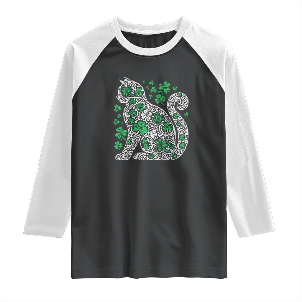 Irish Shamrock Cat Graphic Raglan Shirt Saint Patrick Day for Cat Lovers