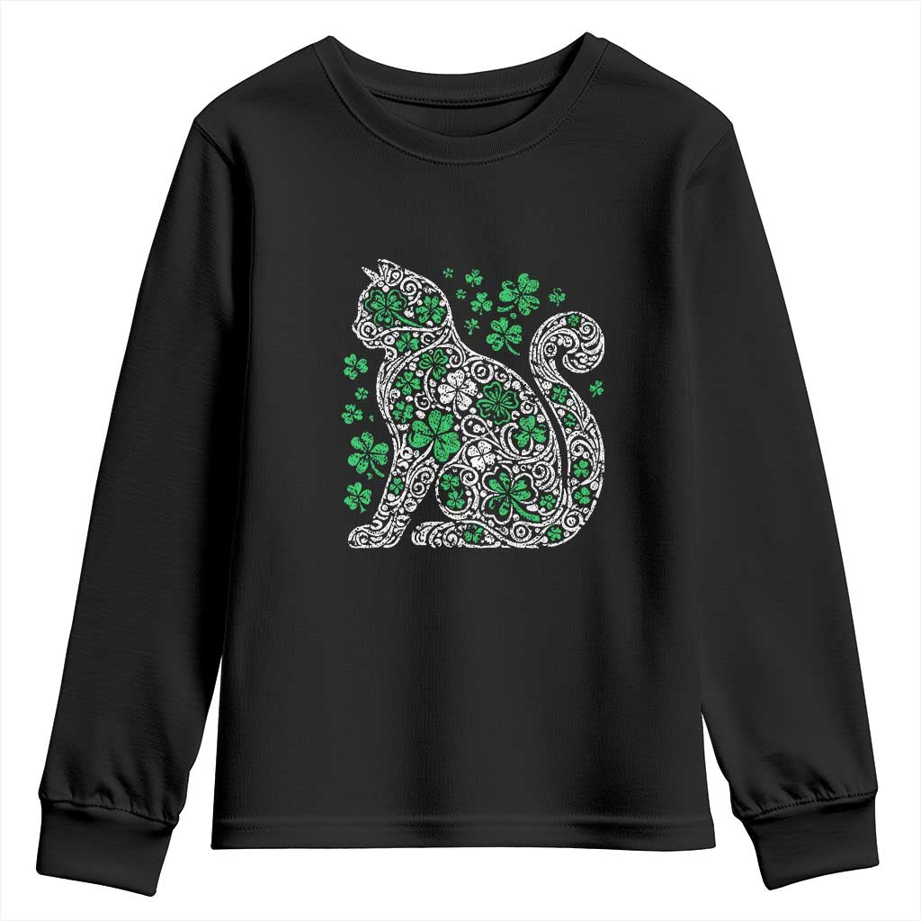 Irish Shamrock Cat Graphic Youth Sweatshirt Saint Patrick Day for Cat Lovers