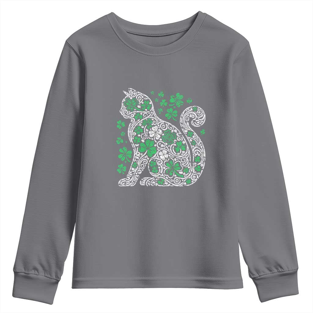 Irish Shamrock Cat Graphic Youth Sweatshirt Saint Patrick Day for Cat Lovers
