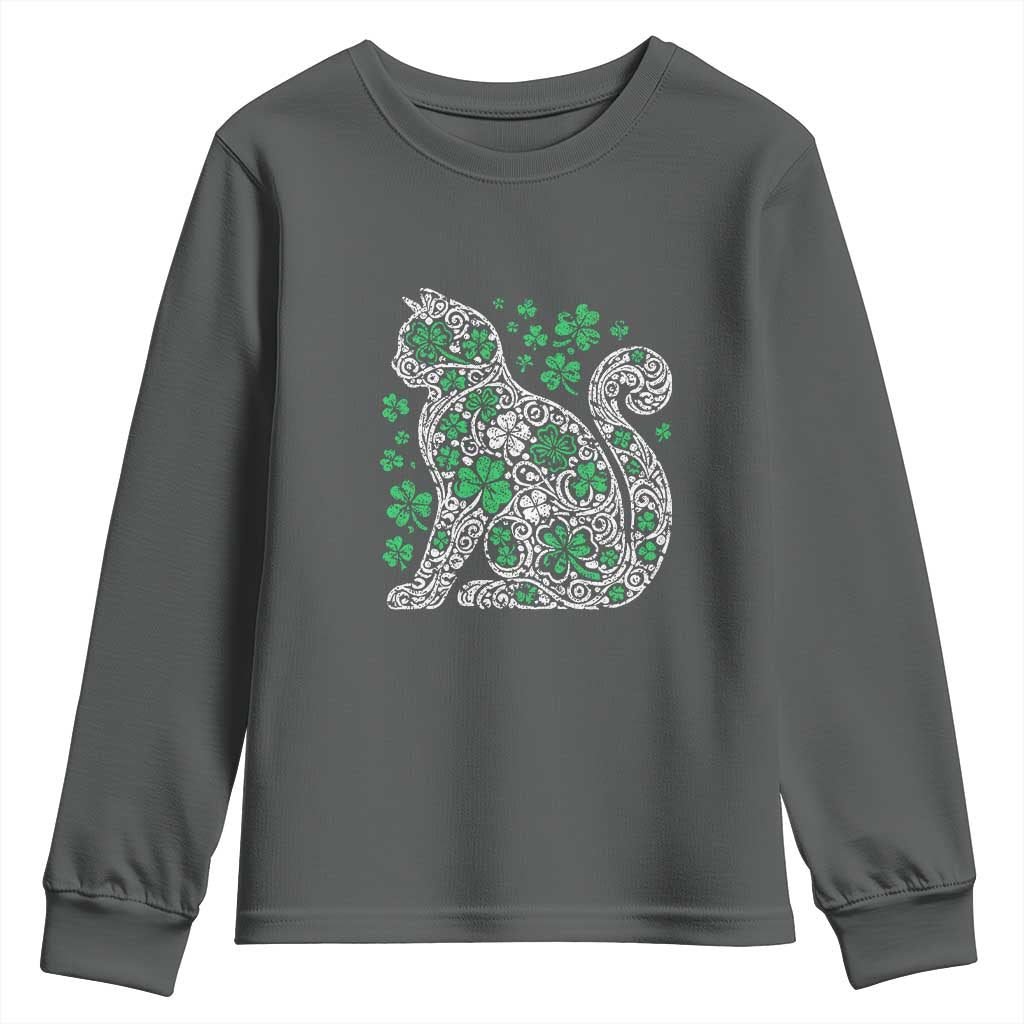 Irish Shamrock Cat Graphic Youth Sweatshirt Saint Patrick Day for Cat Lovers