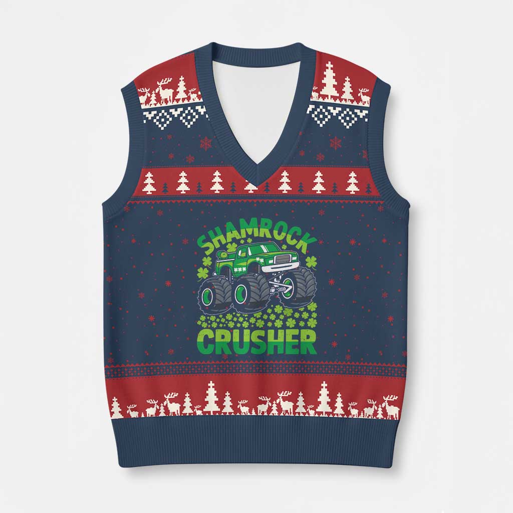 Funny Shamrock Crusher Monster Truck V-Neck Knit Sweater Vest Happy St Patricks Day Boys - Wonder Print Shop