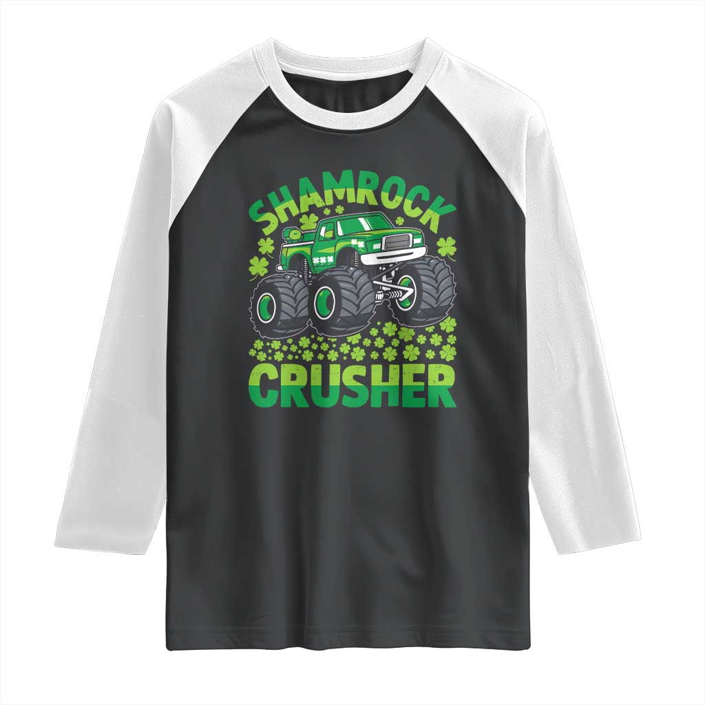 Funny Shamrock Crusher Monster Truck Raglan Shirt Happy St Patricks Day Boys