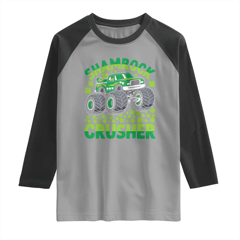 Funny Shamrock Crusher Monster Truck Raglan Shirt Happy St Patricks Day Boys