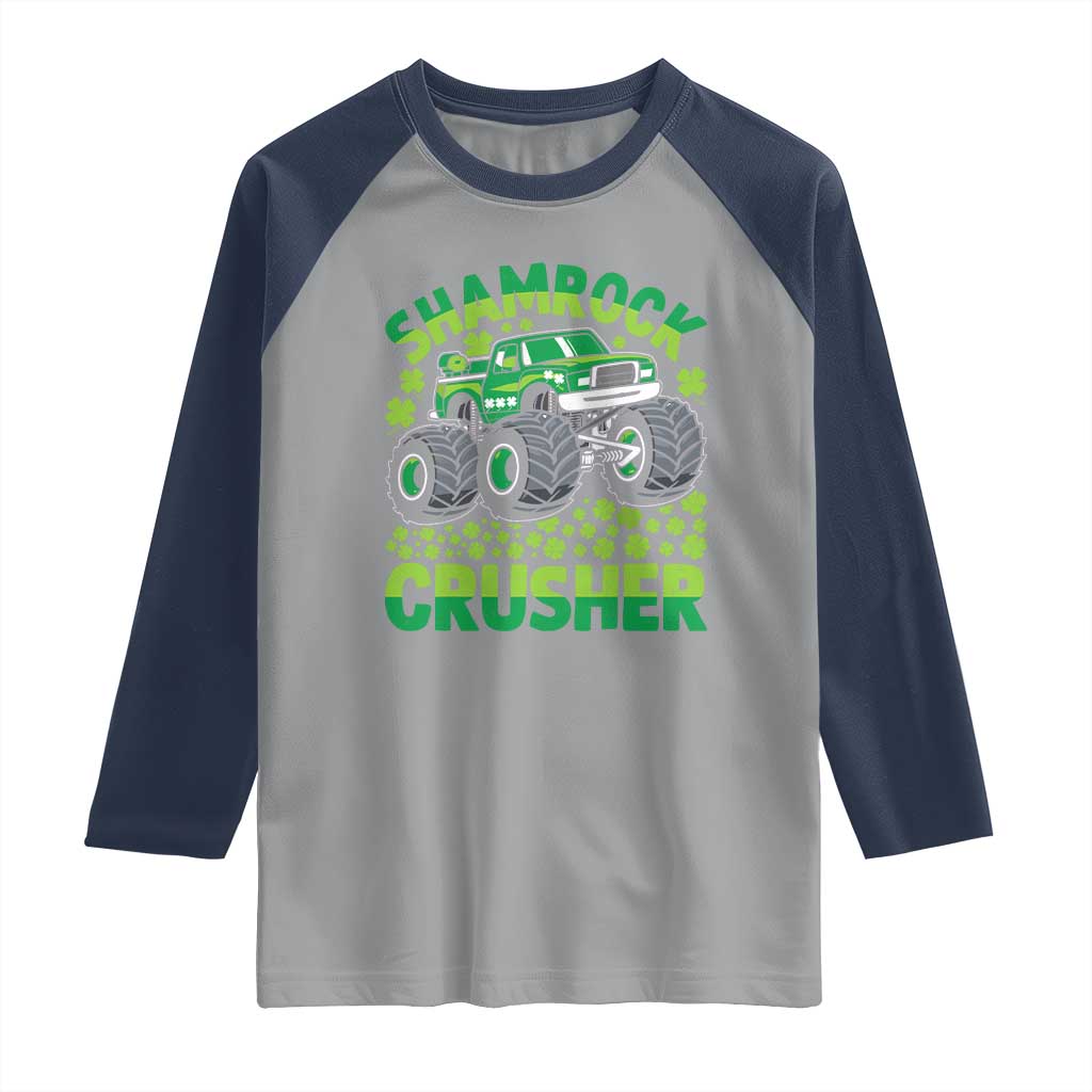 Funny Shamrock Crusher Monster Truck Raglan Shirt Happy St Patricks Day Boys
