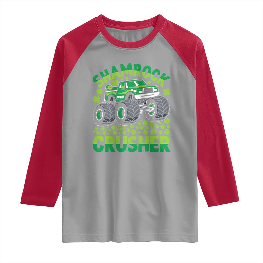Funny Shamrock Crusher Monster Truck Raglan Shirt Happy St Patricks Day Boys