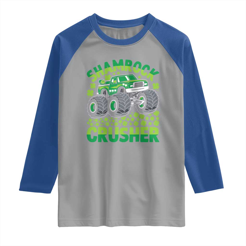 Funny Shamrock Crusher Monster Truck Raglan Shirt Happy St Patricks Day Boys