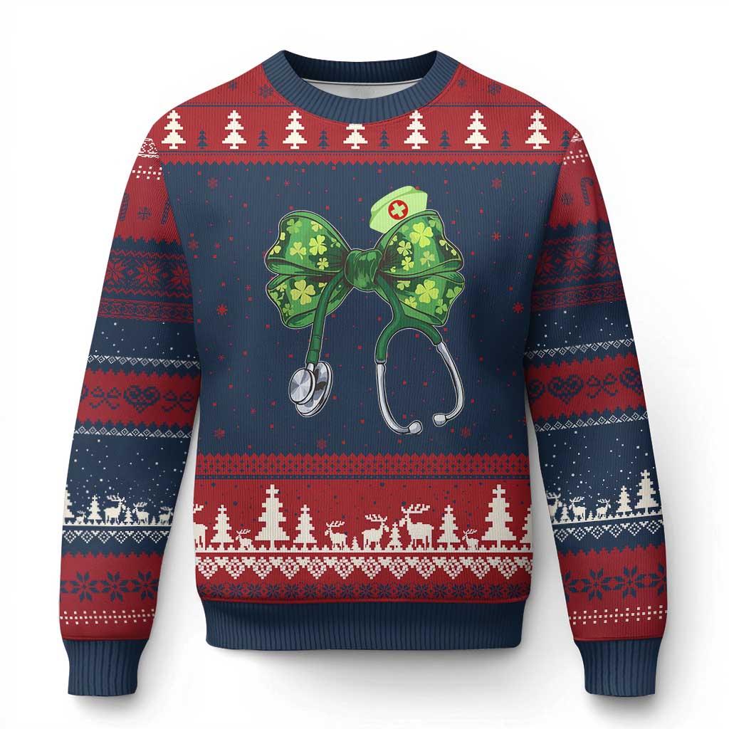 Shamrock Coquette Bow Stethoscope Ugly Christmas Sweater Registered Nurse Nursing St Patricks Day - Wonder Print Shop