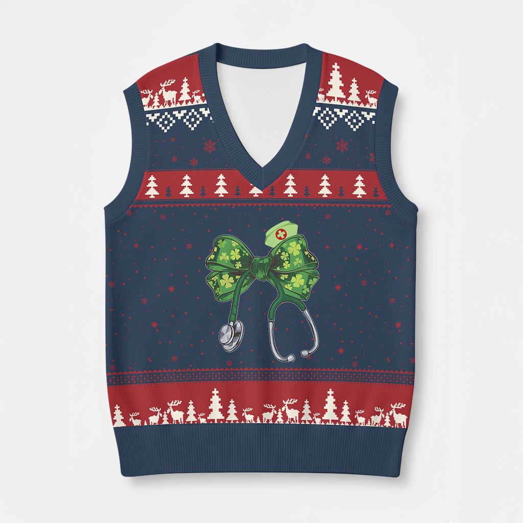 Shamrock Coquette Bow Stethoscope V-Neck Knit Sweater Vest Registered Nurse Nursing St Patricks Day - Wonder Print Shop
