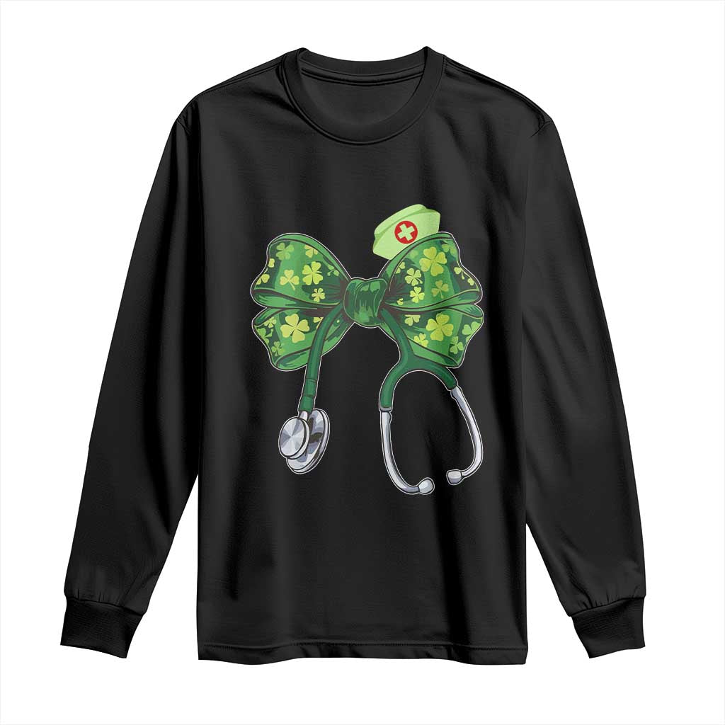 Shamrock Coquette Bow Stethoscope Long Sleeve Shirt Registered Nurse Nursing St Patricks Day