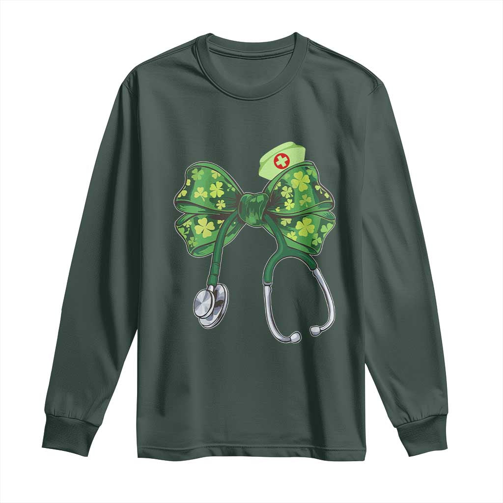 Shamrock Coquette Bow Stethoscope Long Sleeve Shirt Registered Nurse Nursing St Patricks Day